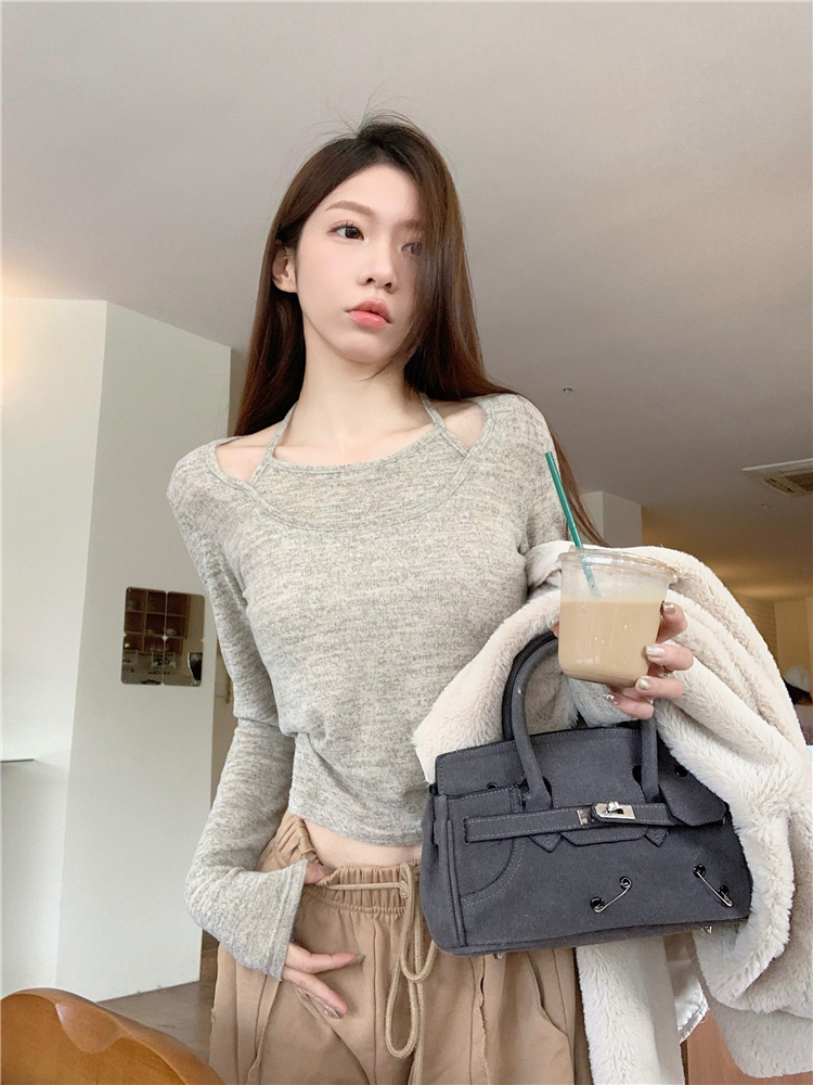 Actual shot ~ Korean style long-sleeved halterneck lace-up bottoming top for women, versatile fake two-piece inner T-shirt