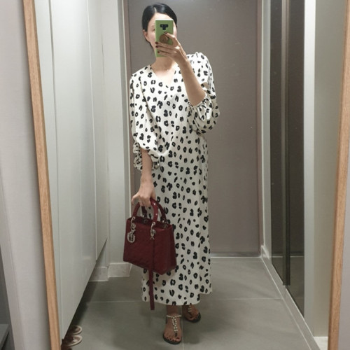 Hong Kong style leopard print floral pullover slit long skirt 2024 new lantern mid-sleeve V-neck chiffon dress plus size