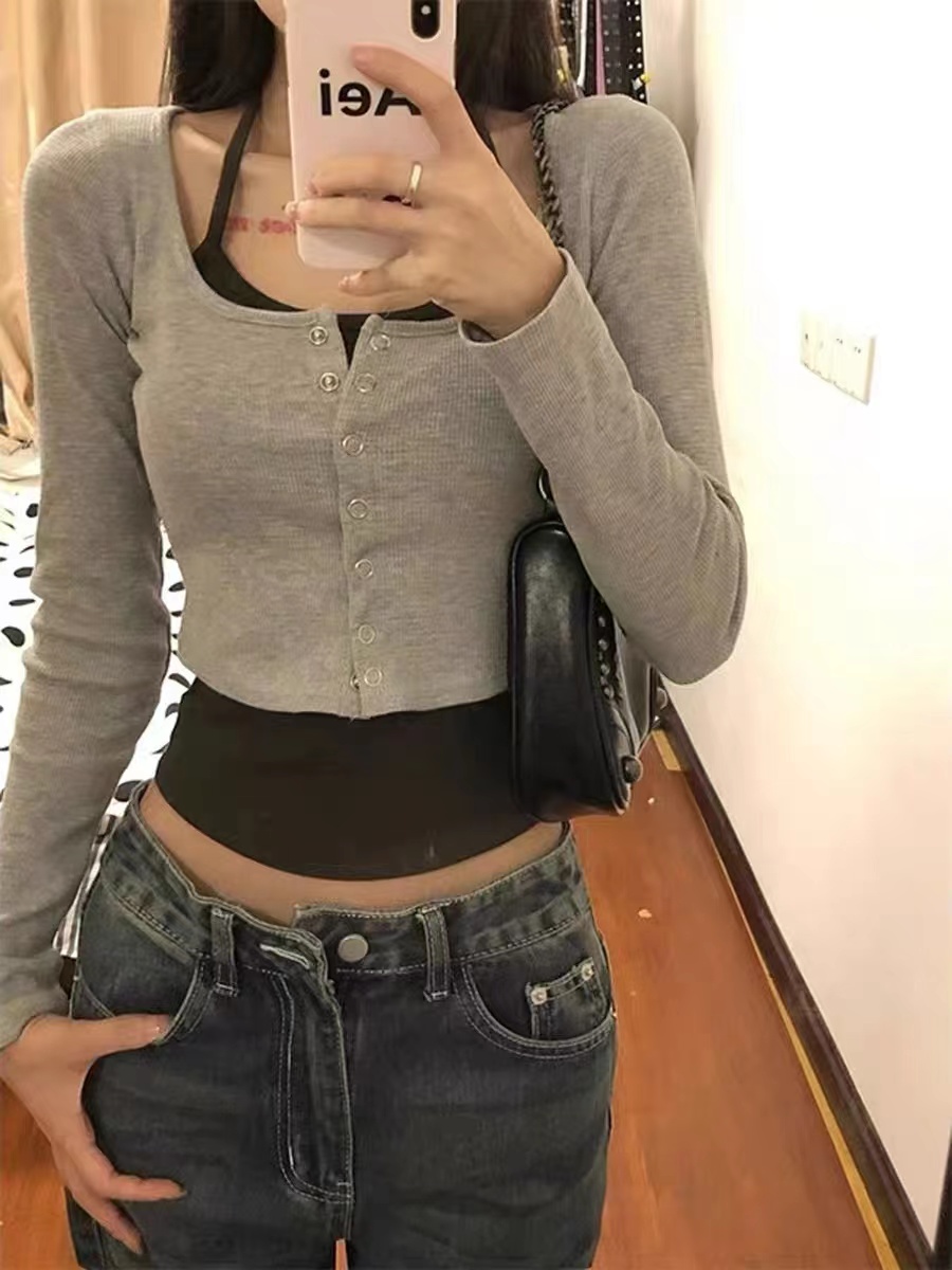Original quality 2024 spring and summer new Korean version 280g thread strip hot girl long-sleeved T fake two-piece slim fit top