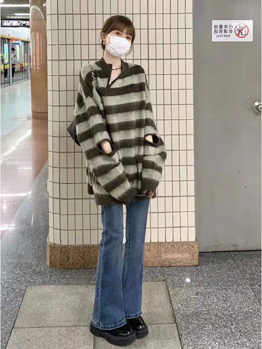 鹽系穿搭設計感休閒時尚減齡針織衫毛衣上衣休閒牛仔褲兩件套裝女