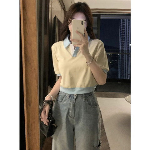 正肩POLO衫短袖t恤女夏季設計感小眾修身顯瘦甜辣ins短款上衣體恤