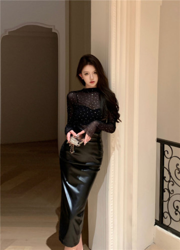 Actual shot~Hot girl texture basic high-elastic hot-drilled mesh sexy lace shirt two-piece set + versatile leather skirt