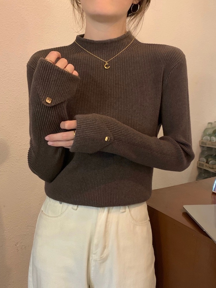 秋冬新款美拉德咖色打底衫女半高領洋氣針織毛衣修身內搭上衣