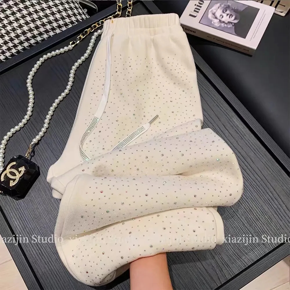 Off-white hot diamond plus velvet wide-leg pants for women in autumn and winter European high-end thickened straight loose floor-length casual pants