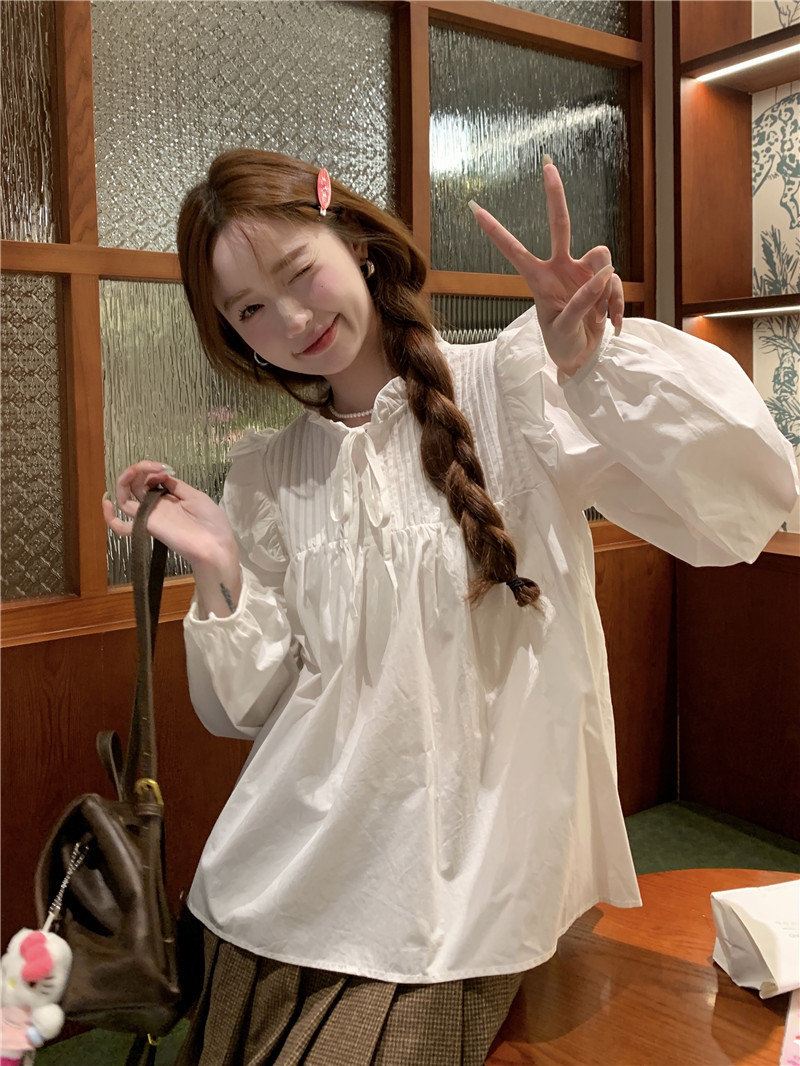 Actual shot~Spring new style French sweet white long-sleeved shirt women's design niche doll top