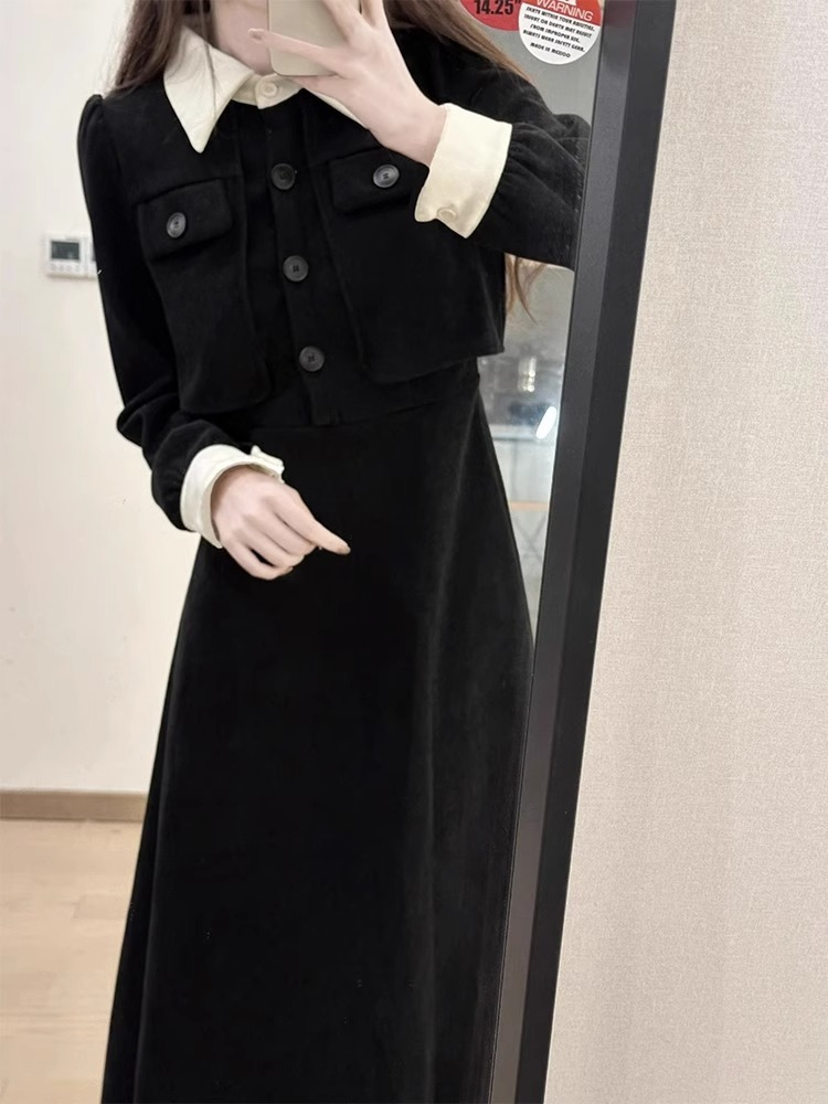 Hepburn black dress spring and autumn 2024 new women's deep winter wear with a complete set of New Year's long skirts