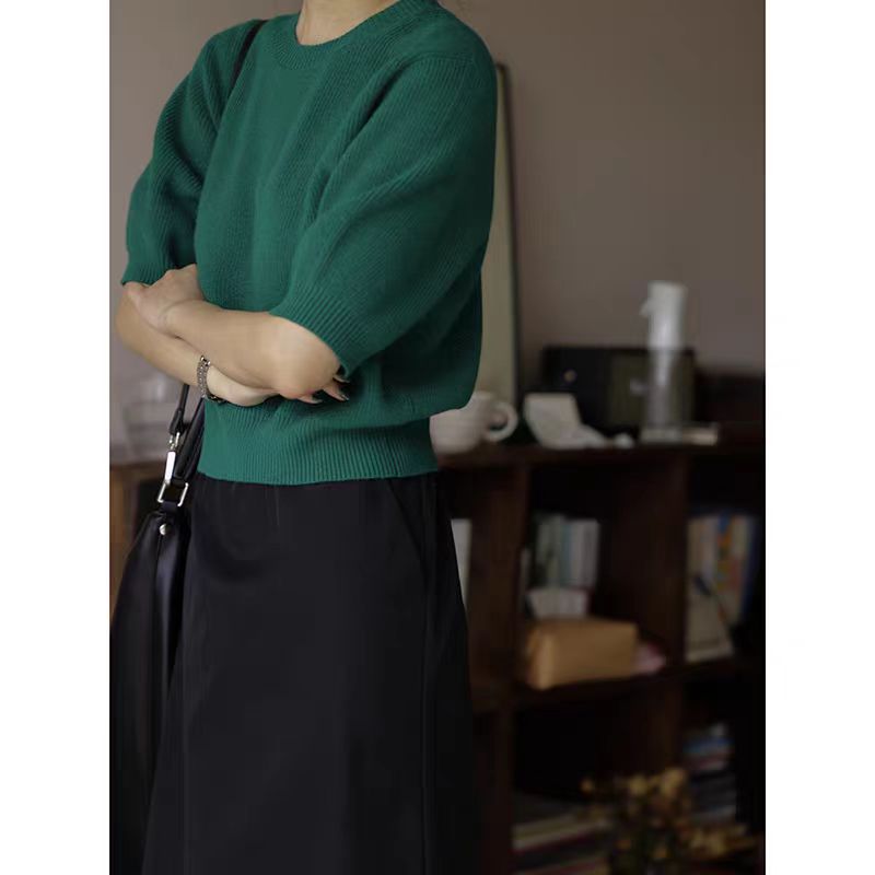 法式復古克萊因藍短袖毛衣女韓系chic別致夏季秋季短款針織衫上衣