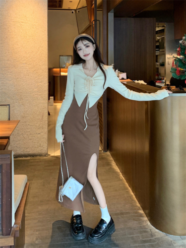 Pure Desire Wrinkled Top Short Jacket Spliced ​​Fake Two-piece Long Skirt Autumn Plus Size Design Slit Slim Dress