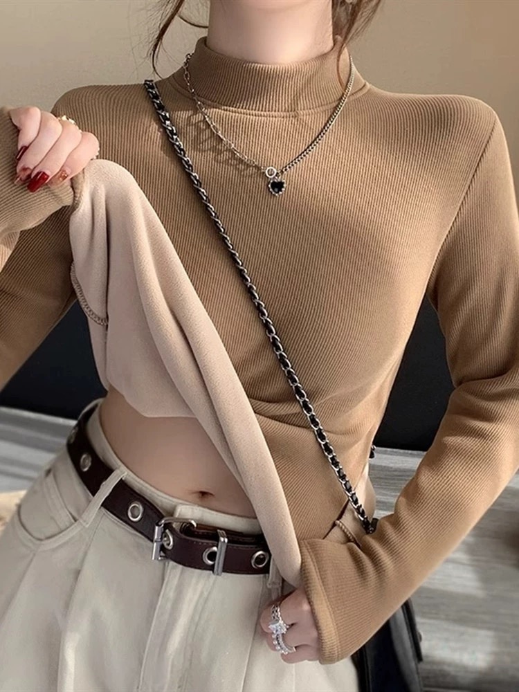 Women's autumn and winter new thickened velvet bottoming shirt, thickened half-high collar, warm inner layer, integrated velvet small stand-up collar top