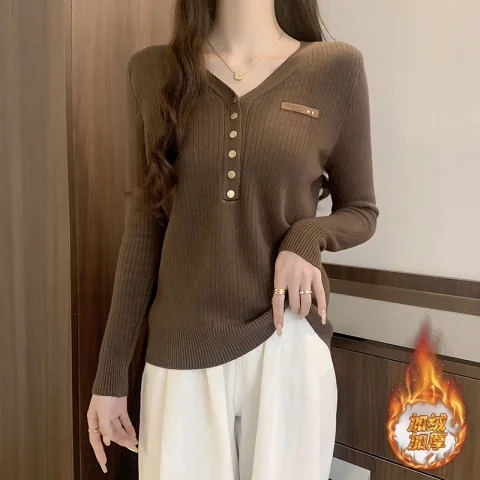 實拍 春款V領針織打底衫女加絨加厚內搭設計感毛衣上衣服