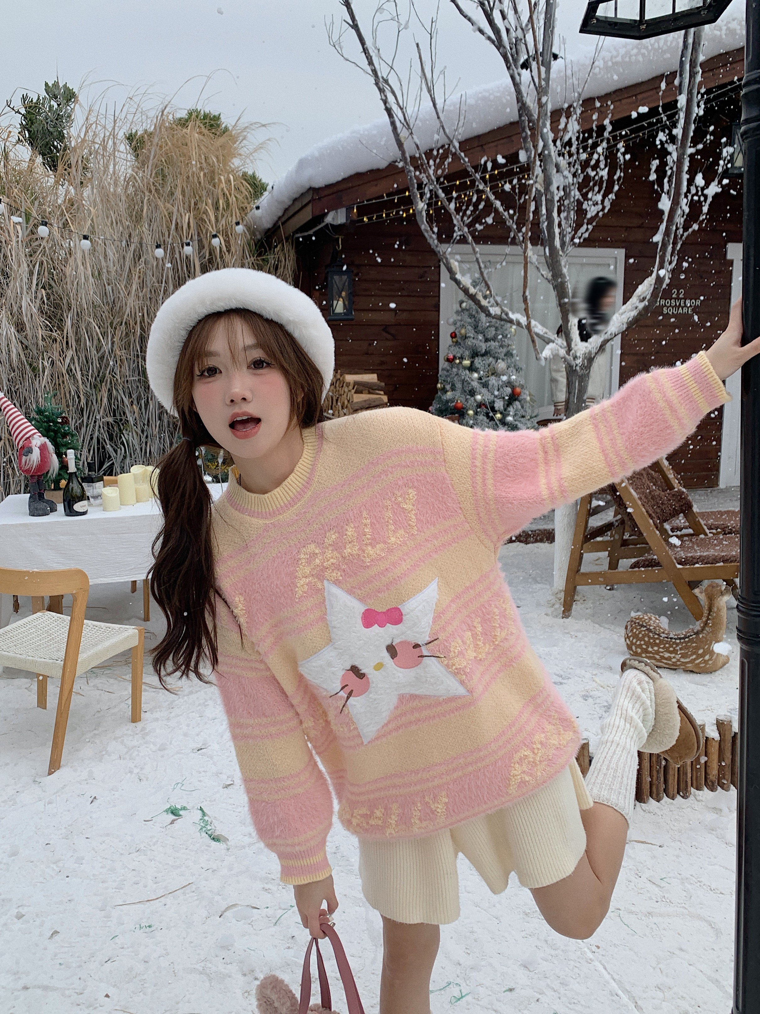 Real shot of sweet flocked five-pointed star round neck rainbow sweater loose autumn lazy pullover soft waxy top