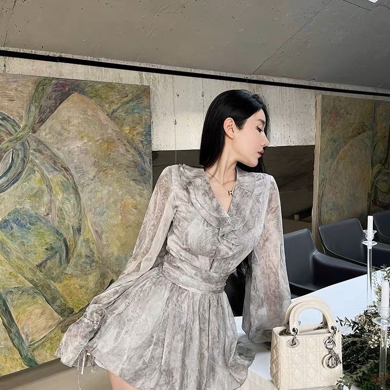 Chiffon + lining zipper dress, spring and autumn ruffle skirt, waist-cinching, high-end, elegant, a-line skirt