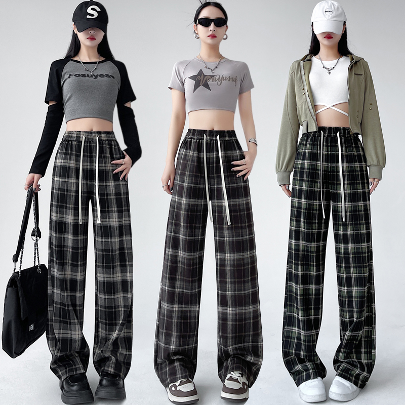 Real shot of retro plaid wide-leg pants for women 2024 spring new high-waisted slimming loose casual floor-length straight trousers