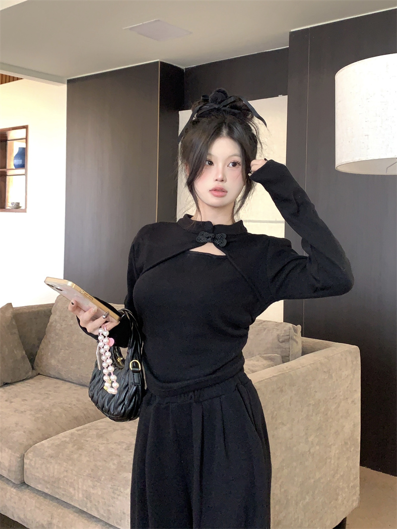 Actual shot of new spring clothes, new Chinese style, buckle design, wide-leg trousers, slimming two-piece set