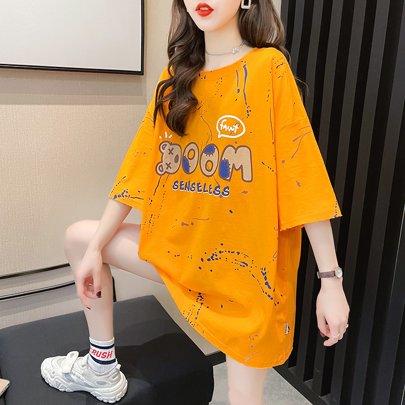 Actual shot of 2024 new summer early spring Korean style fashionable full printed cartoon loose mid-length short-sleeved T-shirt