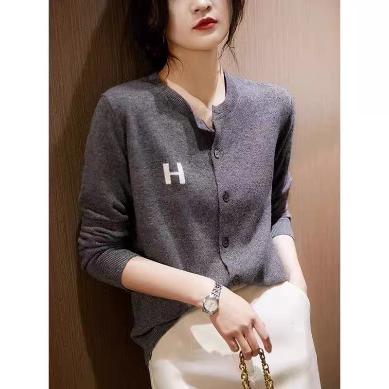 French letter jacquard H striped wool blended knitted cardigan spring new fashion loose slimming top for women