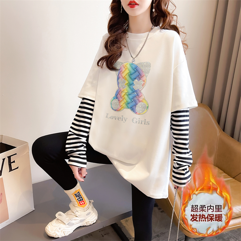 Real shot 2024 spring new 280g loose double-sided German velvet round neck spliced ​​long-sleeved bottoming shirt T-shirt for women