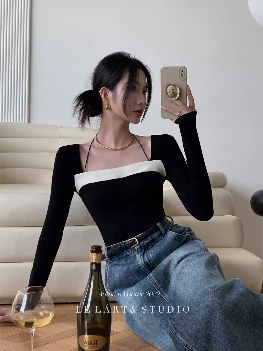 Black hot girl T-shirt women's pure lust style square collar temperament bottoming shirt autumn slim long-sleeved short top ins