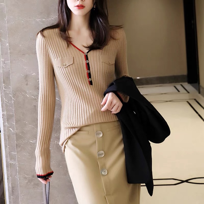 2024春季女新款 撞色V領假袋彈力顯瘦坑條長袖美麗諾羊毛針織衫