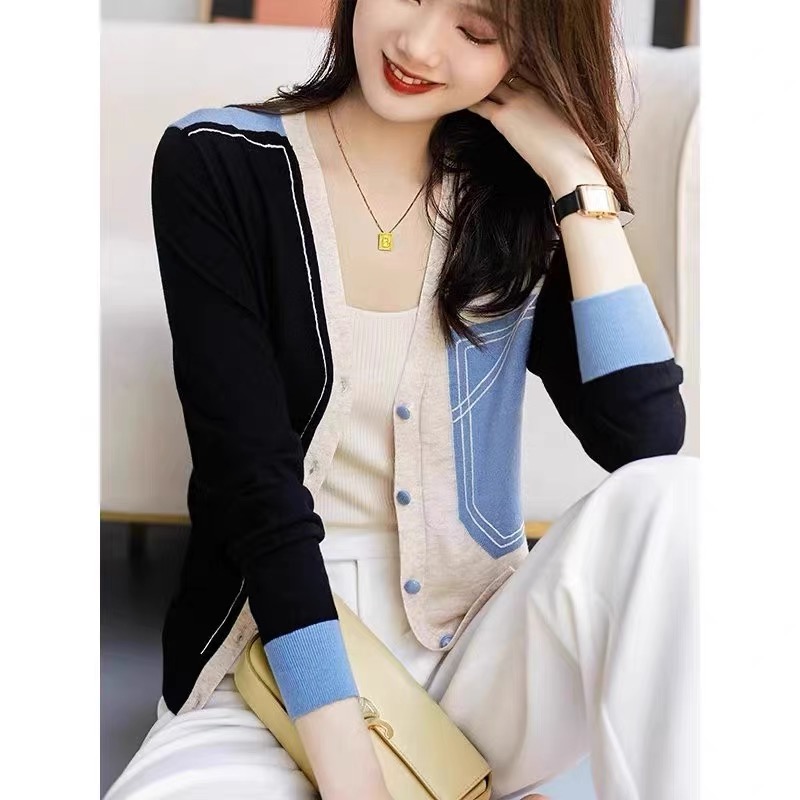 2024 spring new fashionable design V-neck topstitching contrasting color stitching knitted cardigan sweater long-sleeved bottoming shirt