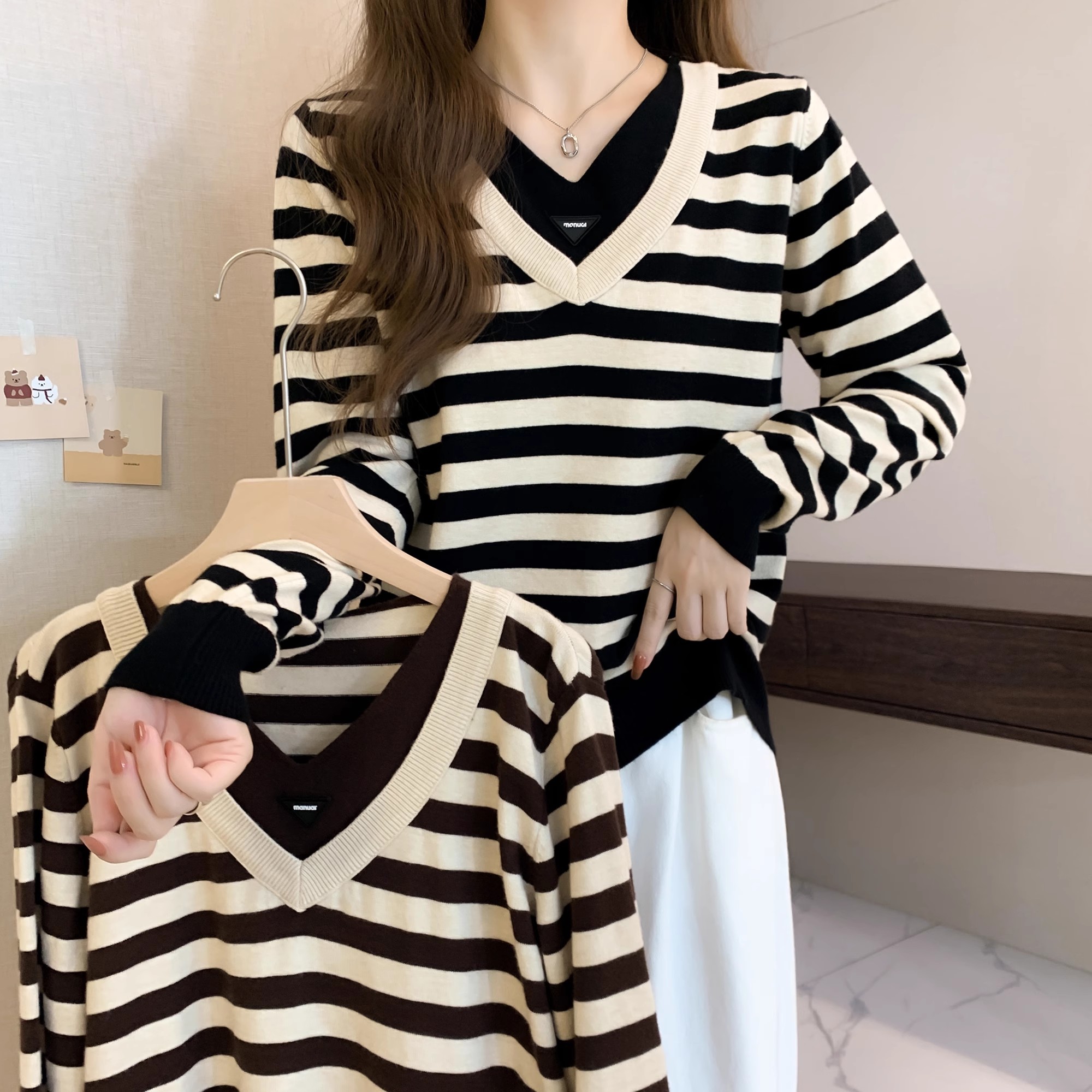 天貓品質胖妹妹秋季新款假兩件條紋毛衣打底衫顯瘦遮肚子上衣