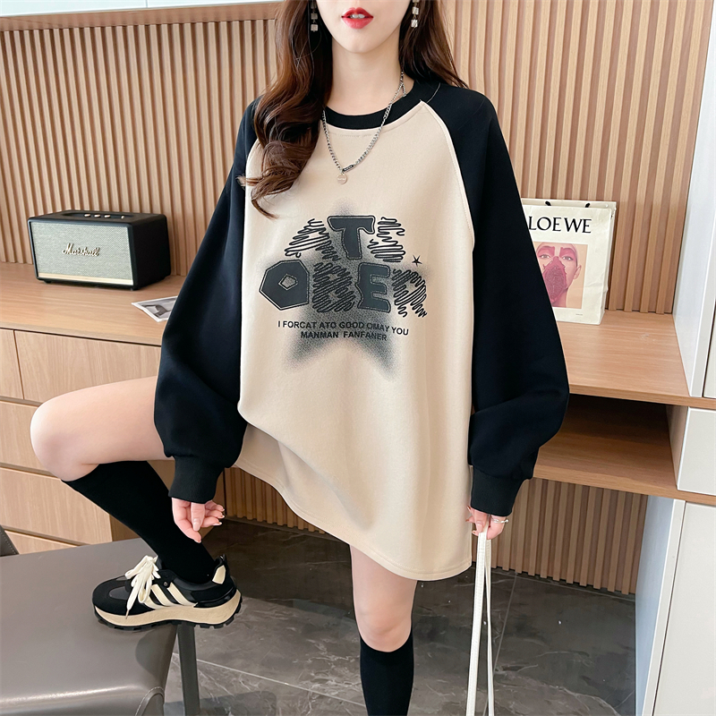 Real shot 2024 spring new 280g loose double-sided German velvet round neck spliced ​​long-sleeved bottoming shirt T-shirt for women