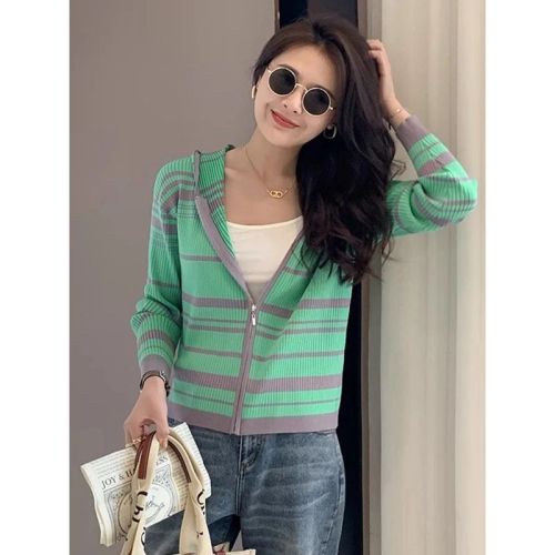 Spring and Autumn Knitted Cardigan Jacket Women's Hooded Long Sleeve Sweater 2024 Korean Style Loose Niche Striped Spring Clothing