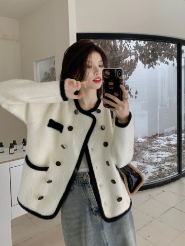 Real time shooting of new imitation mink plush loose sweater, cardigan jacket, women's double breasted contrasting color knitted top