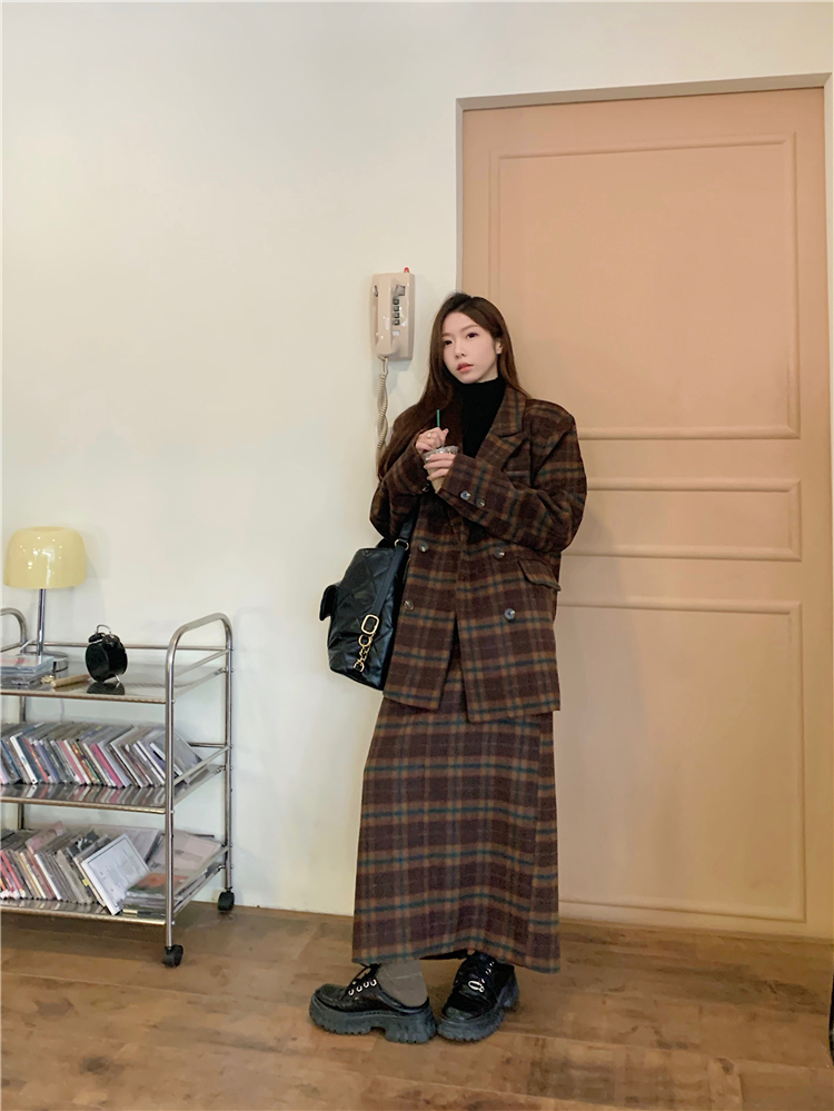 實拍~顯瘦氣質休閒復古毛呢格子寬鬆格紋外套+半身裙套裝女
