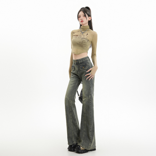 Real shot of new washed vintage jeans for spring and autumn, high waisted and slim design, versatile spicy girl flared pants