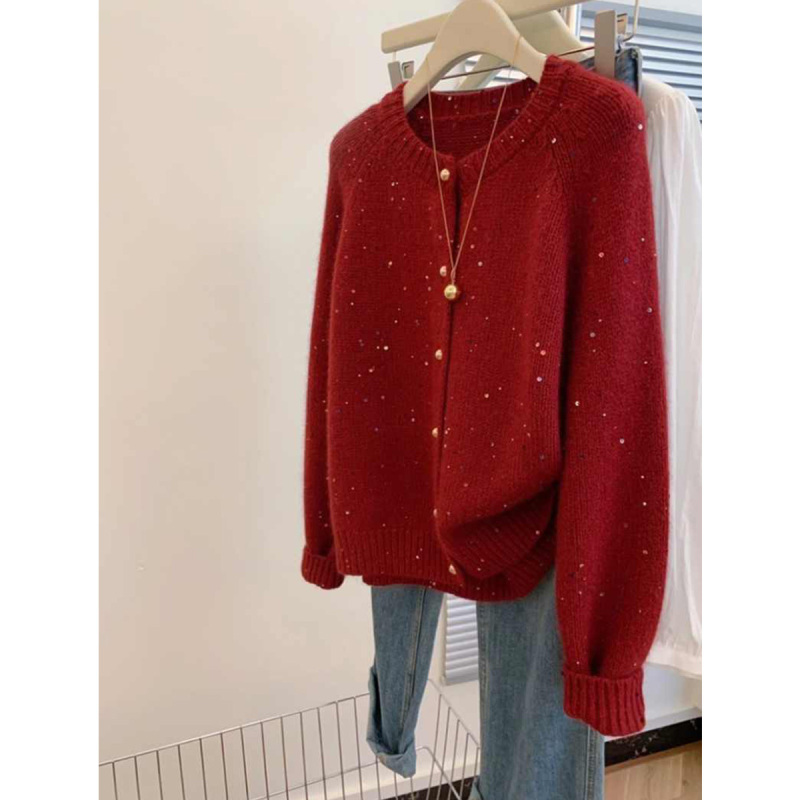 Quality Inspection Official Picture Gentle Atmosphere Sequined Round Neck Sweater Cardigan Women’s Autumn and Winter Zodiac New Year Red Knitted Jacket