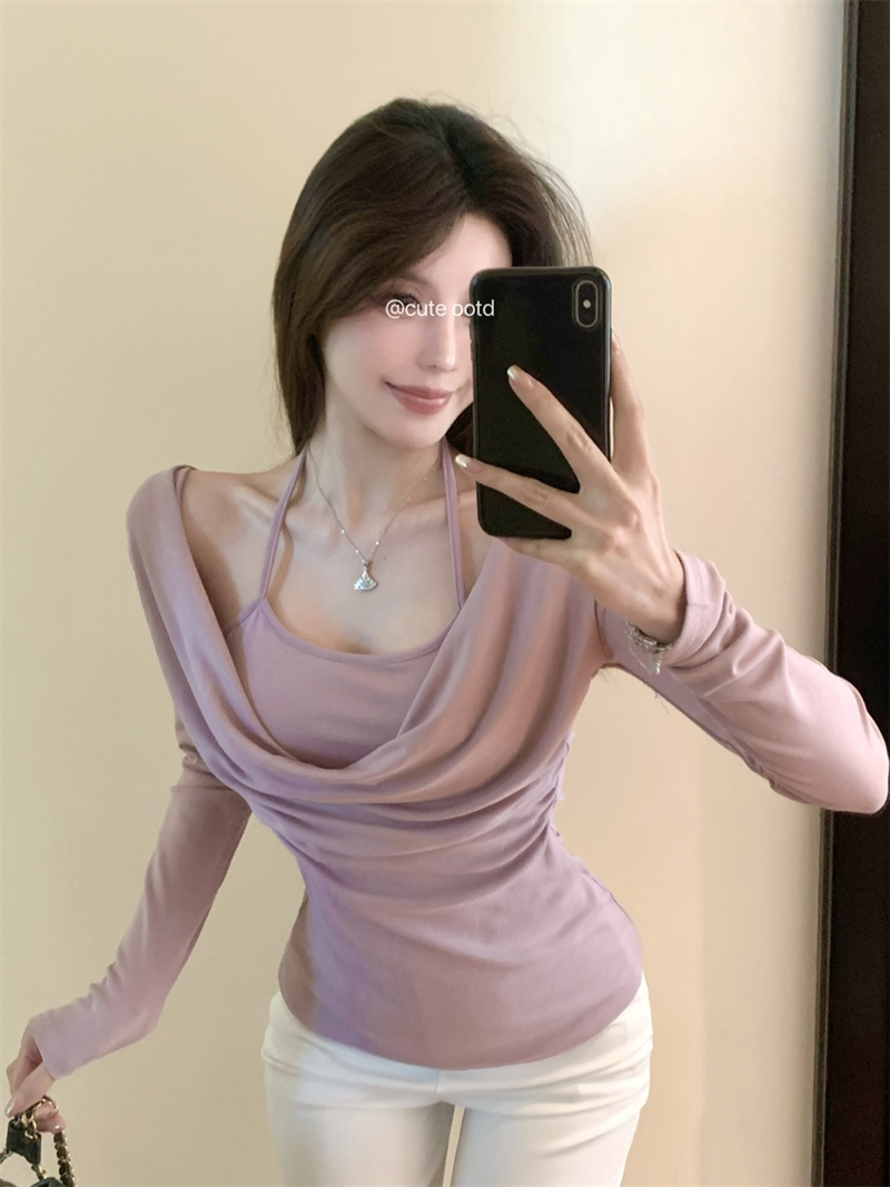 Real shot of temperament one-shoulder halterneck fake two-piece slim long sleeves