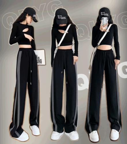 2024 wide-leg pants for women spring and summer large size striped drape floor-length slimming straight pants loose casual sports pants