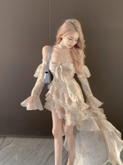 Actual shot of sexy pure lusty spring dress with ruffled long sleeves, off-shoulder, irregular short front and long back dress for women