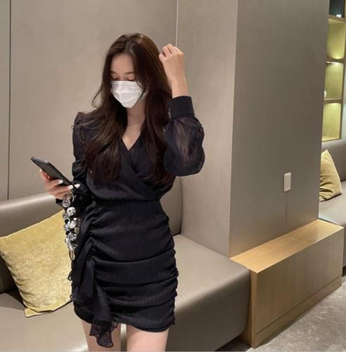 Size update Korean ins early spring custom-made jacquard retro pleated long-sleeved short dress