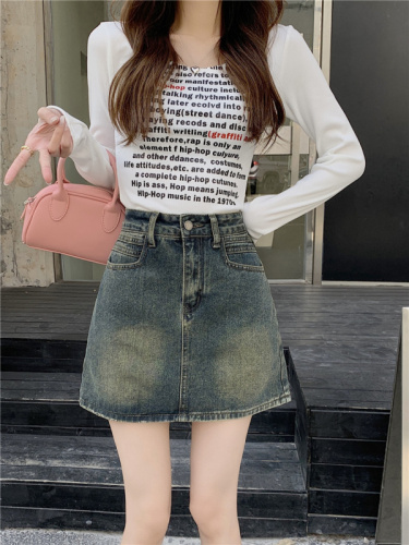 Actual shot~New high-waisted slimming A-line hip-covering anti-exposure retro denim short skirt for women