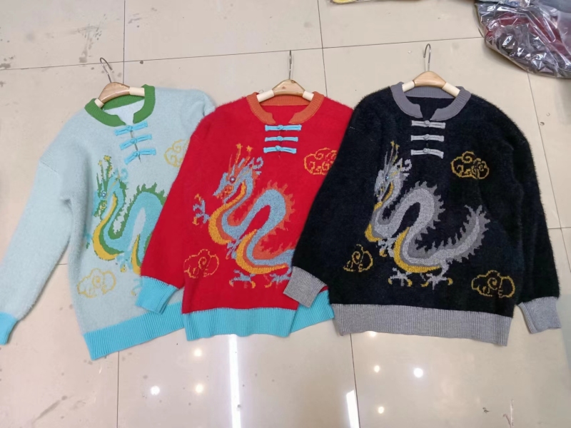 新中式國潮風毛衣龍年本命年衣服情侶裝秋冬款2024新年紅色針織衫