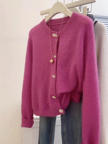 Rose red raccoon velvet sweater jacket for women in autumn and winter, high-end, soft, lazy and gentle knitted cardigan