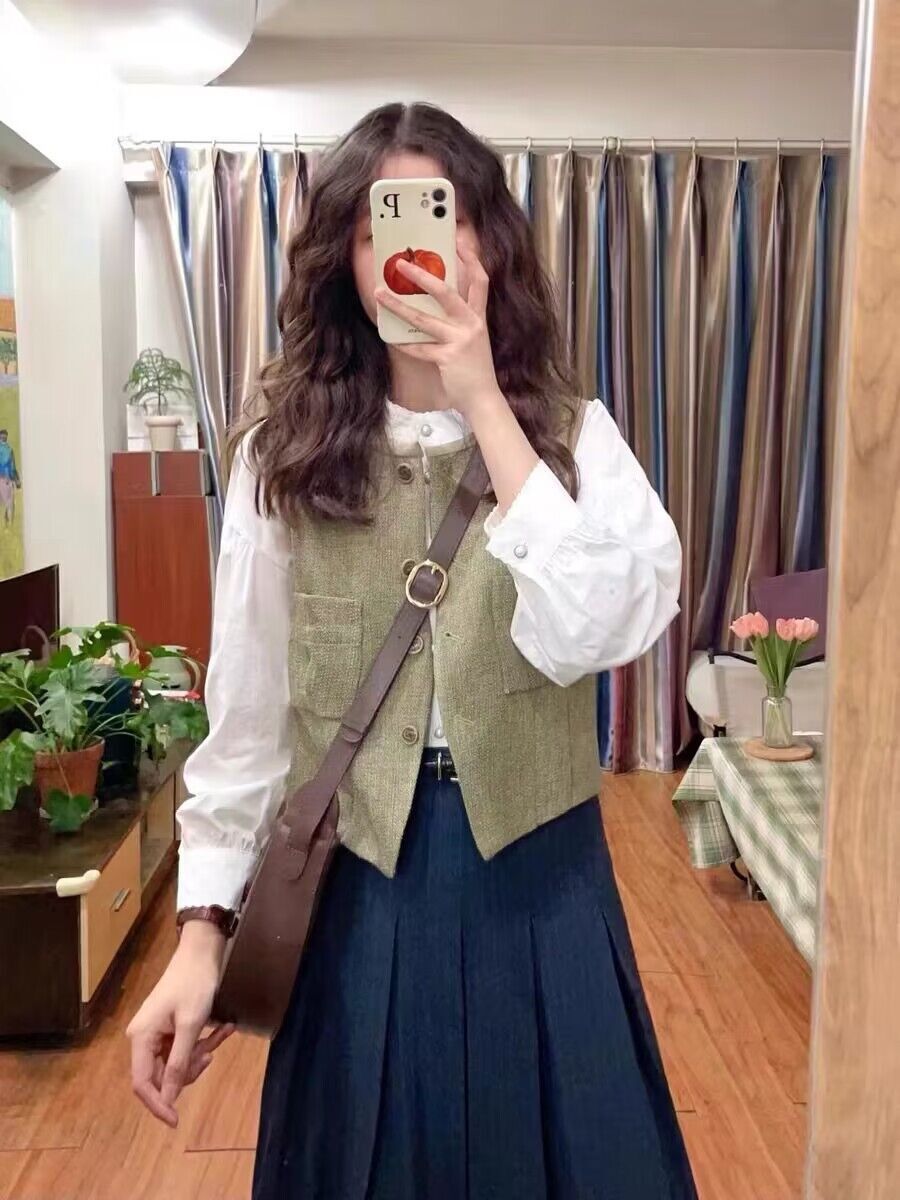 早春裝女2024年新款時尚套裝穿搭襯衣長袖襯衫高腰半身裙長裙馬甲