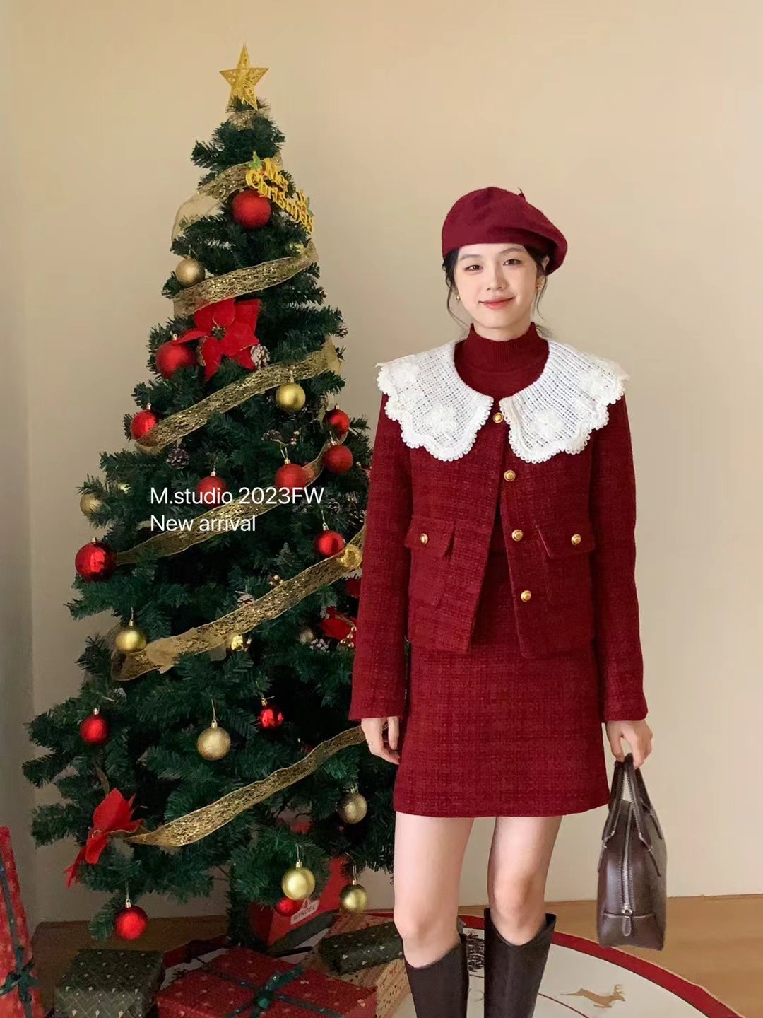 小個子穿搭一整套高級感鈎花翻領羽絨外套半身裙小香風冬裝套裝女