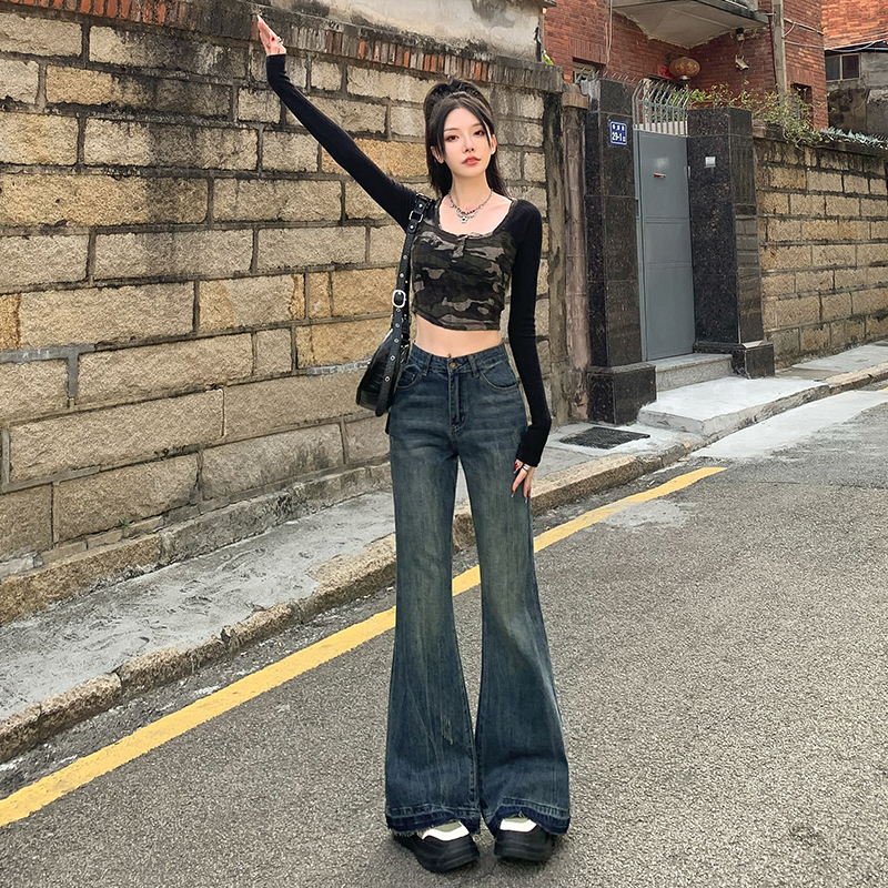 實拍~2024年春裝新款美式復古毛邊微喇叭無彈辣妹風牛仔褲女長褲