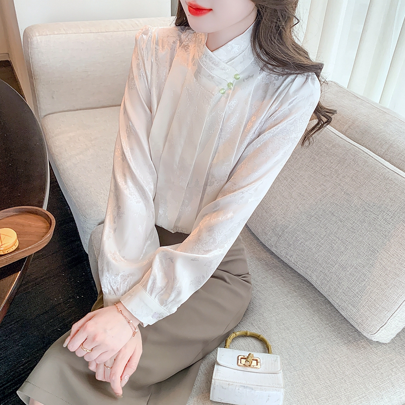 Hanfu Chinese jacquard satin shirt for women 2024 early spring Chinese style Tang suit shirt retro improved cheongsam top