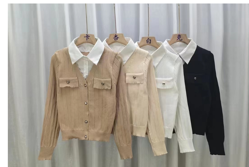 2024 Spring New Fashion Design Sense Academy Style Contrast Color Fake Two Piece Knitted Shirt for Women
