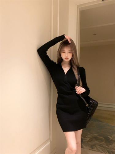 Actual shot zipper neck slim high waist bag hip skirt women's mid-length slim V-neck knitted dress