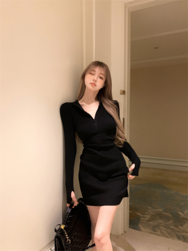 Actual shot zipper neck slim high waist bag hip skirt women's mid-length slim V-neck knitted dress