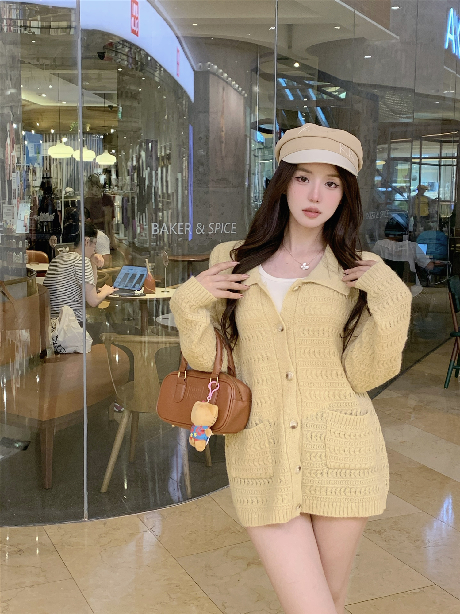 Actual shot~Yellow-green autumn leaves hollow cable pattern artistic knitted cardigan jacket autumn and winter new style