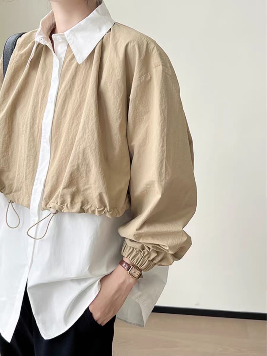 韓版chic 休閒撞色拼接假兩件襯衫女秋季長袖中長款襯衣