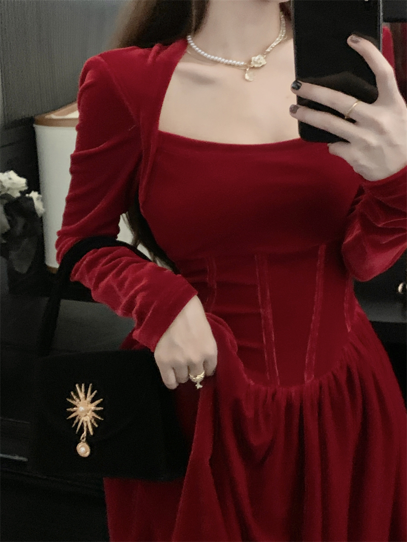 Autumn and winter velvet dress red engagement birthday party small dress Christmas square neck fishbone tutu skirt for women