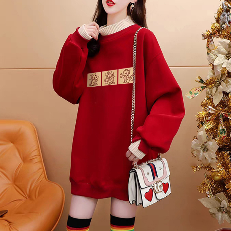 Pure cotton composite super soft autumn and winter super fire dragon print fake two-piece half turtleneck plus velvet sweatshirt for women