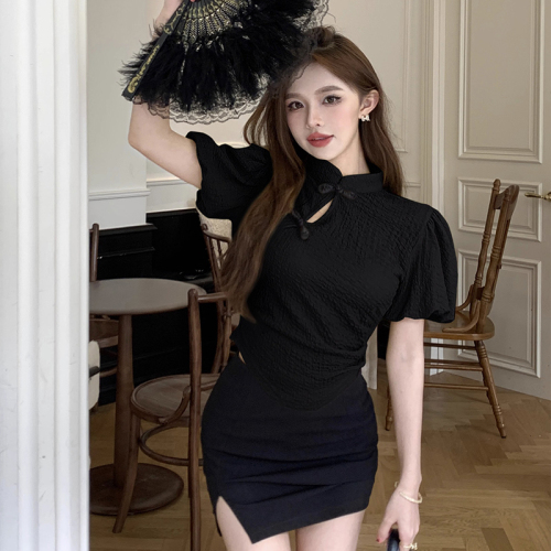 New Chinese style improved buckle cheongsam short sleeve pure lust style puff sleeve thin shirt top